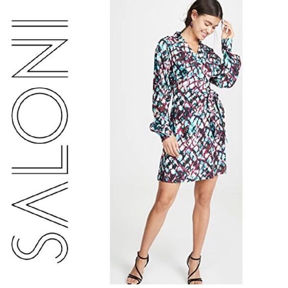 SALONI Mari Printed 100% Silk long sleeve collar Wrap Dress Size 6 - Picture 1 of 15